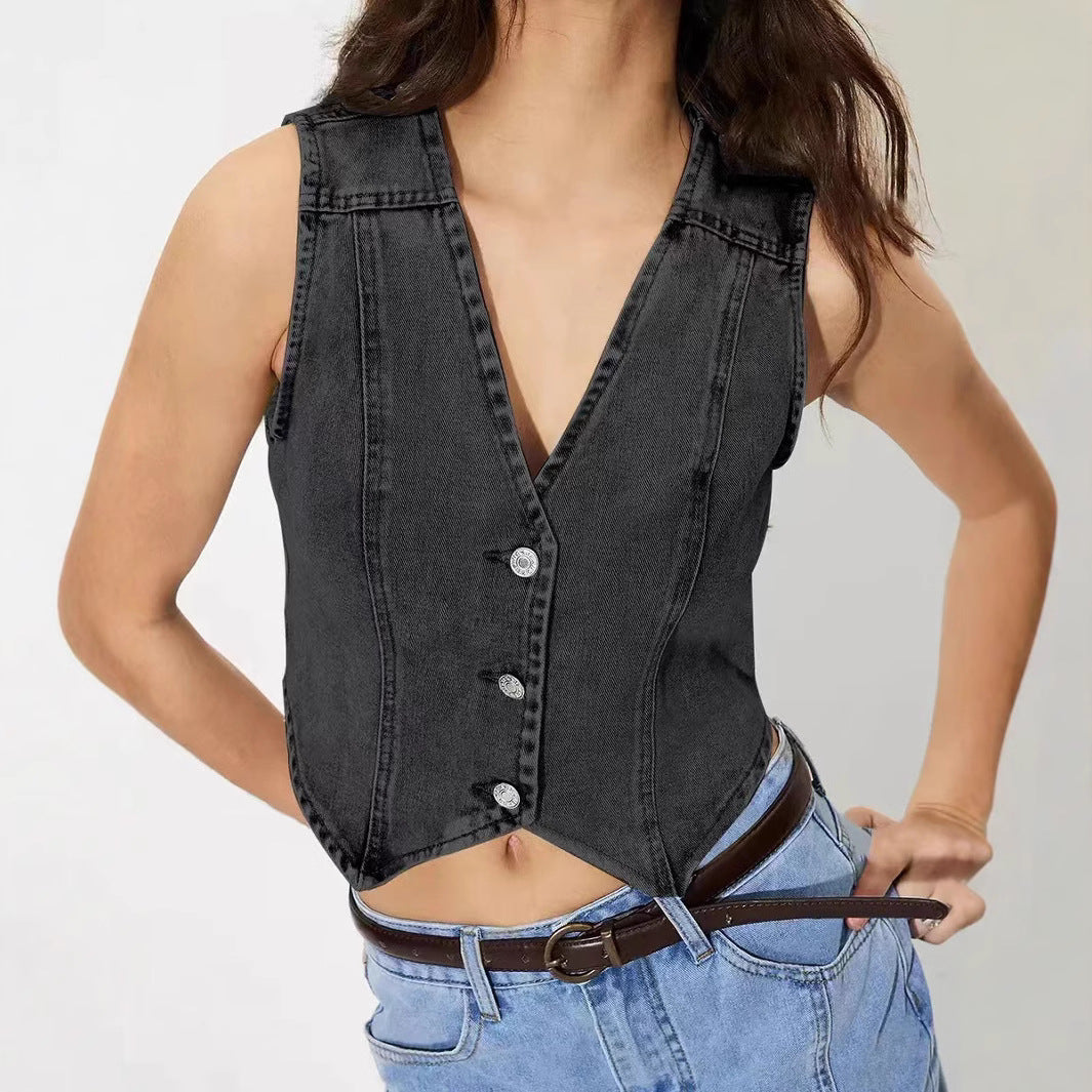 Damen taillierte ärmellose Jeansweste mit V-Ausschnitt Shop Nory