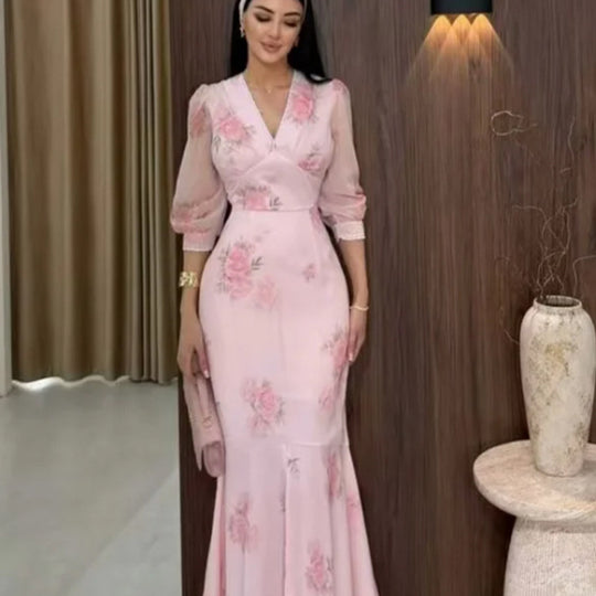 Damen Elegantes Maxikleid im Meerjungfrau‑Schnitt mit V‑Ausschnitt und transparenten Puffärmeln Shop Nory