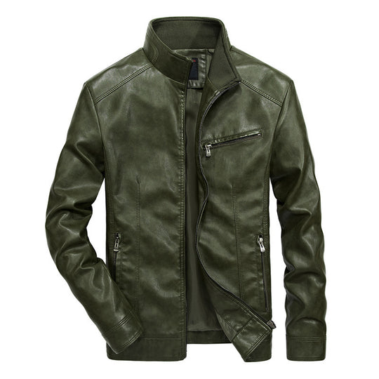 Herren Slim-Fit Kunstleder-Motojacke mit Stehkragen, Reißverschluss-Taschen und verstärkter Nahtführung Shop Nory