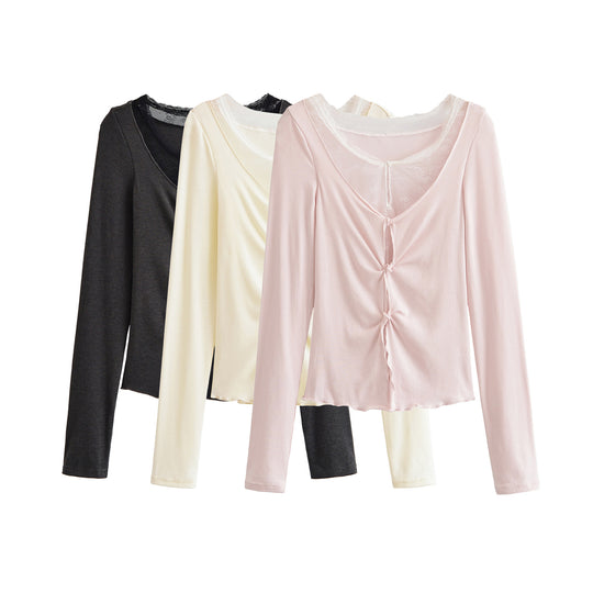 Damen Langarm-Feinjersey-Top mit Spitzen-Einsatz, Knotenfront und Raffung Shop Nory