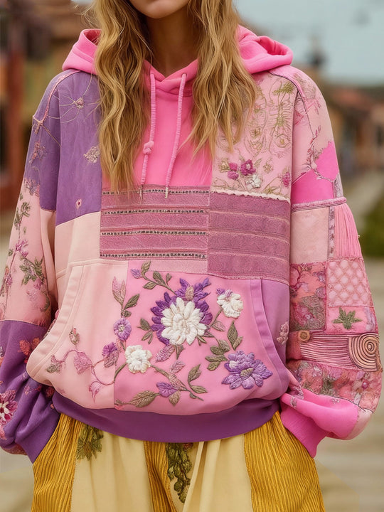 Damen Bestickter Patchwork-Kapuzenpullover mit Blumenapplikation und Kängurutasche Shop Nory