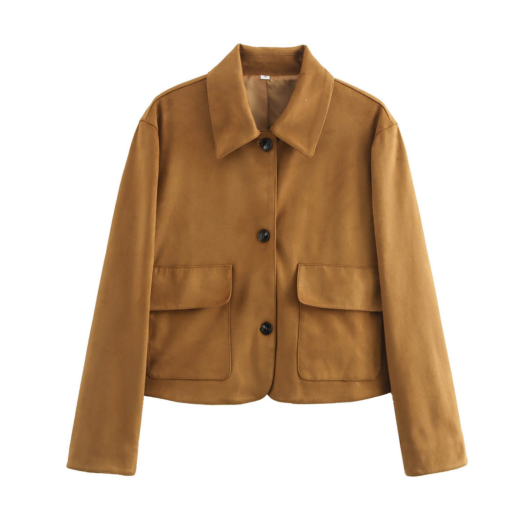 Damen Boxy-Kurzjacke aus Wildlederoptik mit Hemdkragen und aufgesetzten Pattentaschen Shop Nory