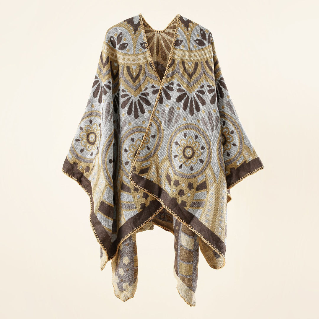 Damen Wollmix-Umhangponcho mit ornamentaler Jacquardstruktur und offenem Fall Shop Nory