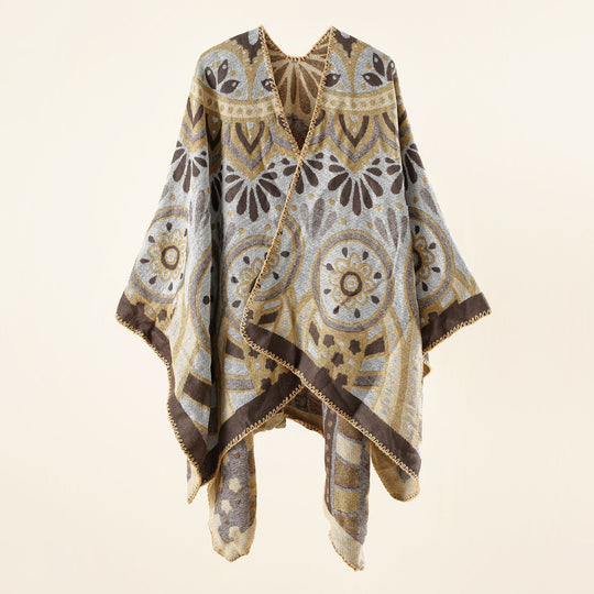Damen Wollmix-Umhangponcho mit ornamentaler Jacquardstruktur und offenem Fall Shop Nory