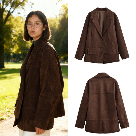 Damen Oversize Wildlederoptik-Blazerjacke mit Reverskragen und Pattentaschen Shop Nory