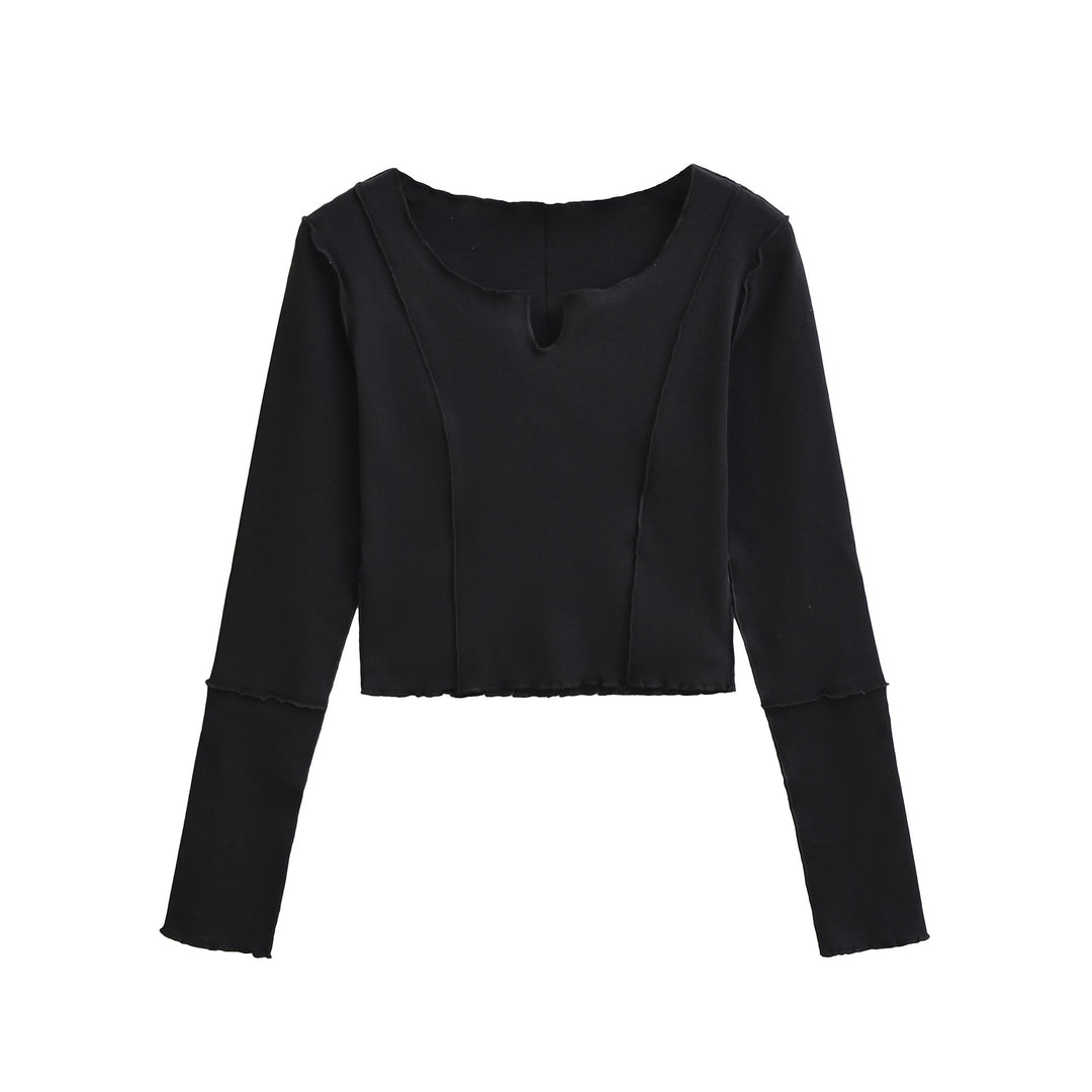 Damen Kurzes Langarmshirt mit sichtbaren Rollnähten und Notch-Ausschnitt Shop Nory
