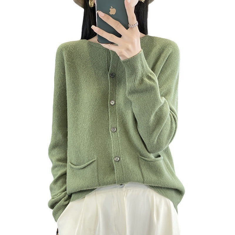 Damen Langer Feinstrick-Cardigan mit Rundhalsausschnitt, Eingrifftaschen und Alpaka-Mix Shop Nory