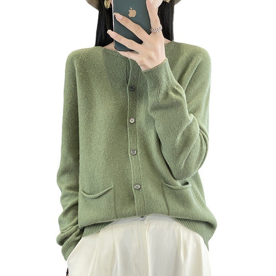 Damen Langer Feinstrick-Cardigan mit Rundhalsausschnitt, Eingrifftaschen und Alpaka-Mix Shop Nory