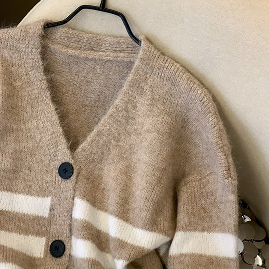 Damen Gemütlicher Strickcardigan mit V-Ausschnitt und Streifen Shop Nory