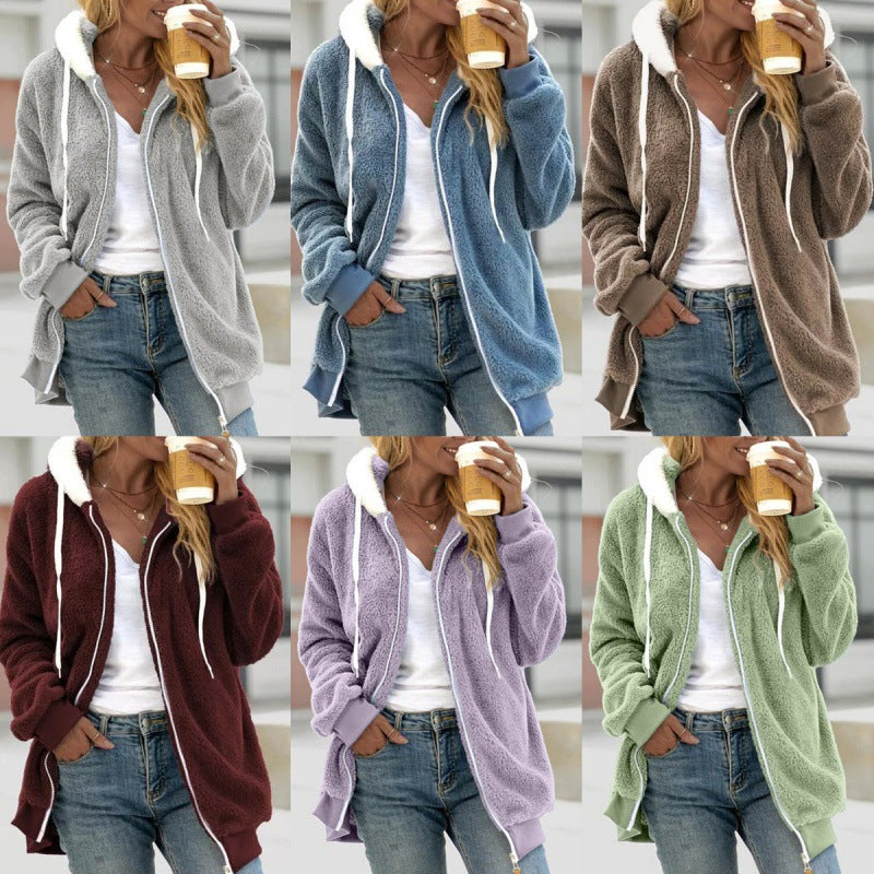 Damen Oversized Sherpa-Zipjacke mit Kontrastkragen, Rippbündchen und Kordelzug Shop Nory