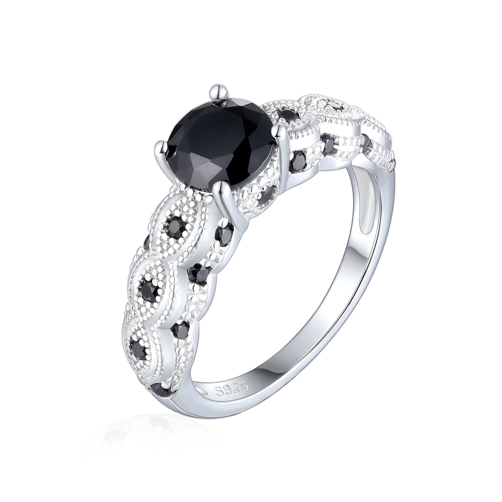Damen eleganter Ring mit schwarz gefasstem Hauptstein und floralen Verzierungen Shop Nory