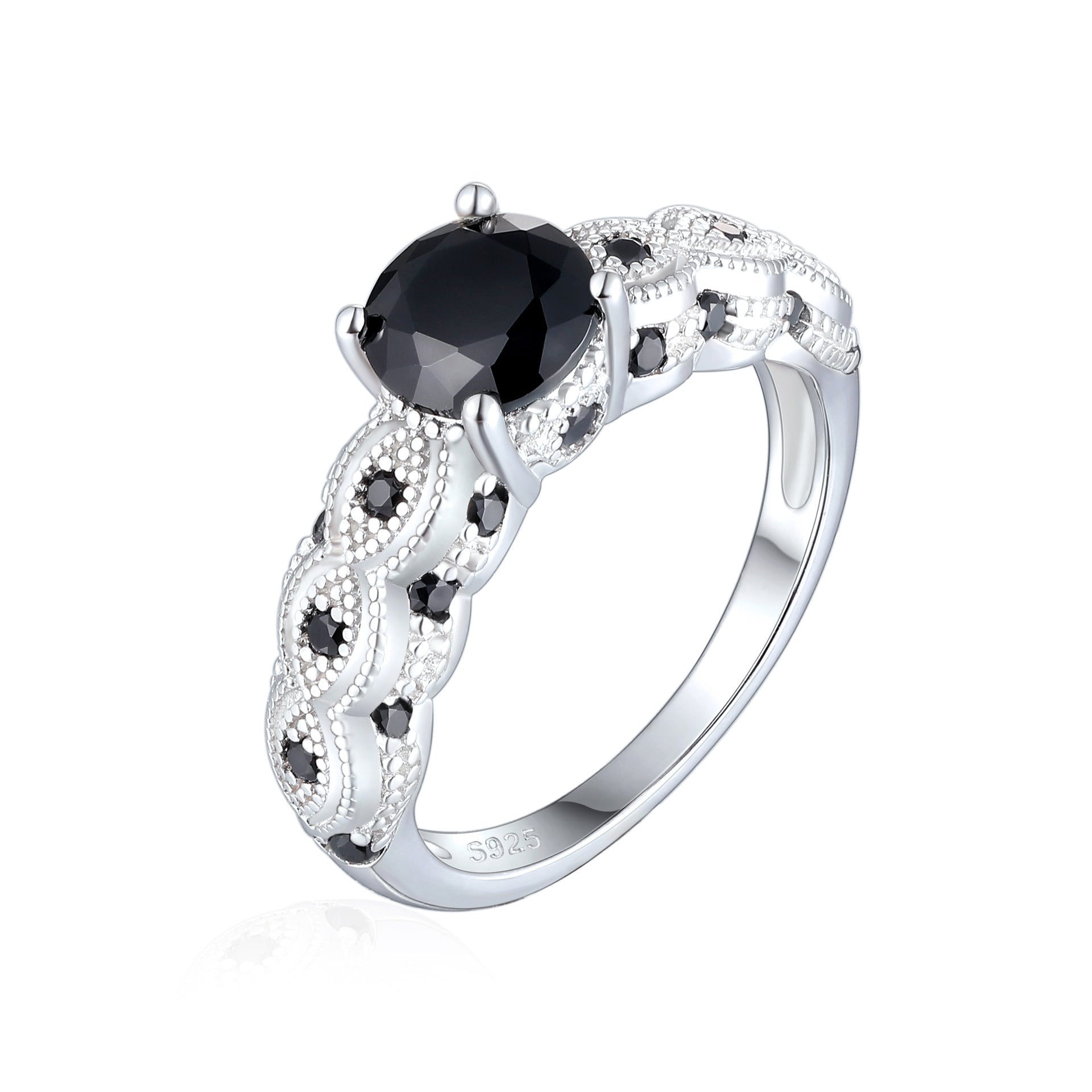 Damen eleganter Ring mit schwarz gefasstem Hauptstein und floralen Verzierungen Shop Nory