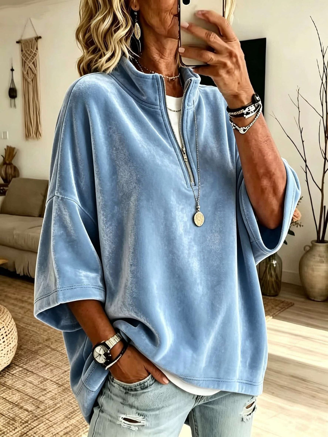 Damen Oversize Samt-Pullover mit kurzem Reißverschluss und Stehkragen Shop Nory