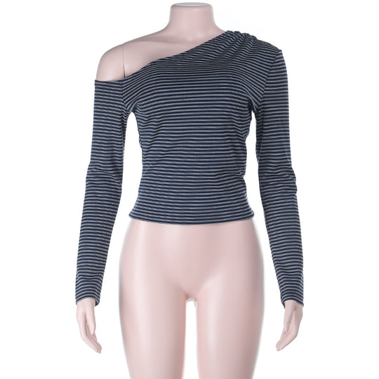 Damen Schulterfreies gestreiftes tailliertes Langarm-Top mit asymmetrischem Ausschnitt Shop Nory
