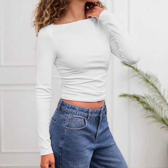 Damen Figurbetontes Langarm-Shirt mit U-Boot‑Ausschnitt und seitlicher Raffung Shop Nory