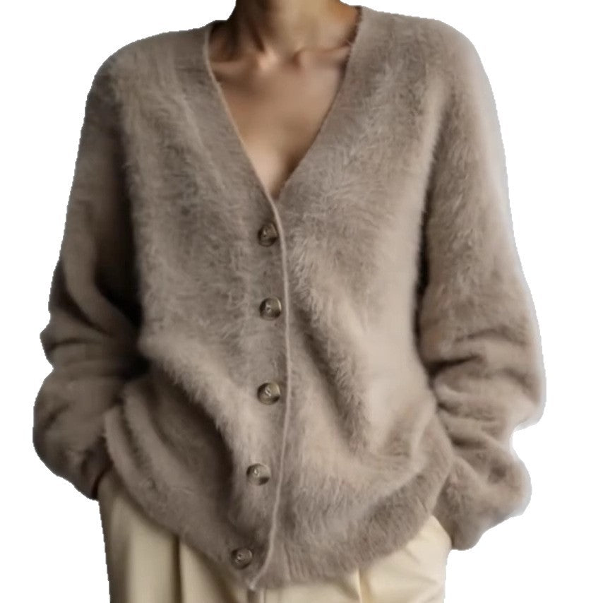 Damen Flauschiger Eyelash-Mix Oversize-Cardigan mit V-Ausschnitt und dekorativen Holzknöpfen Shop Nory