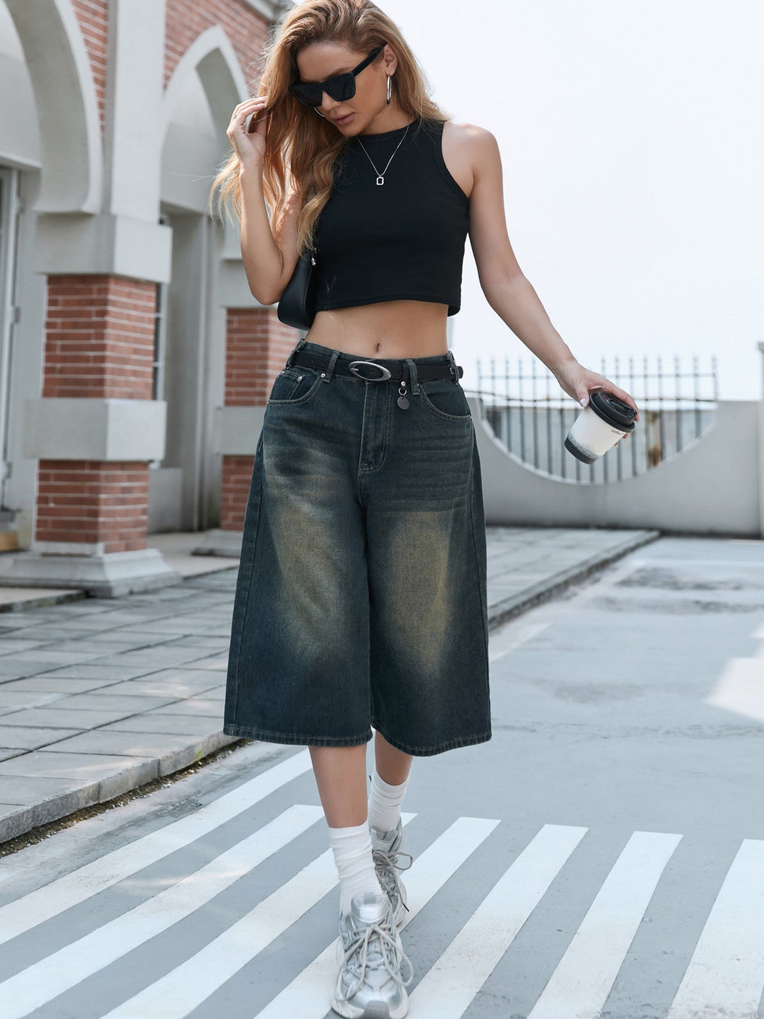 Damen Weite Denim-Culottes mit hohem Bund und praktischen Seitentaschen