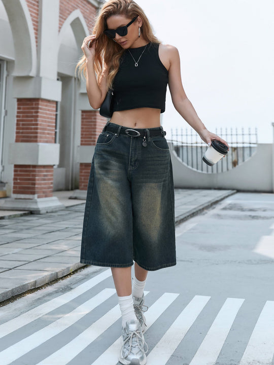 Damen Weite Denim-Culottes mit hohem Bund und praktischen Seitentaschen