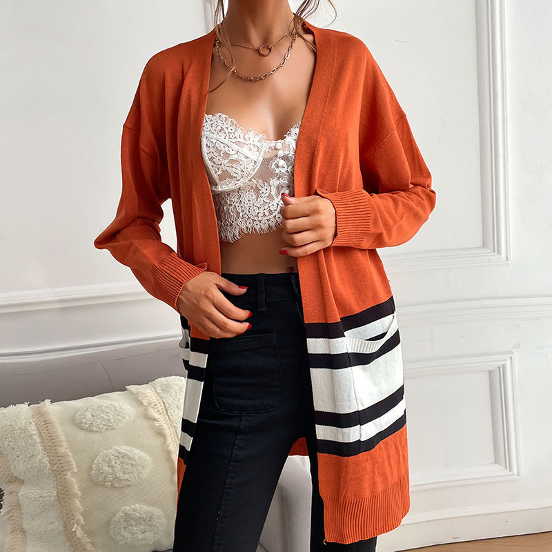 Damen Longline-Cardigan mit Kontraststreifen, aufgesetzten Taschen & Rippbündchen Shop Nory