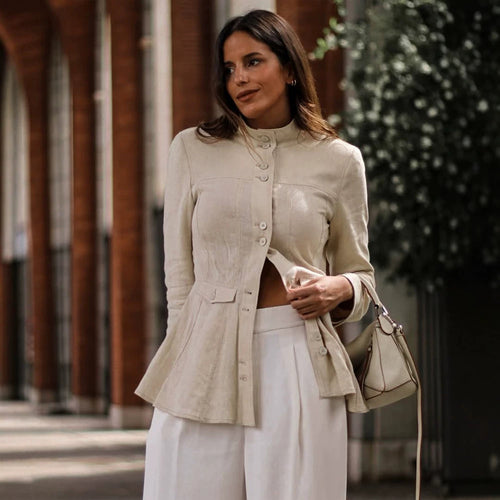 Damen Taillierter Leinenblazer mit Stehkragen und schwingendem Schößchen Shop Nory