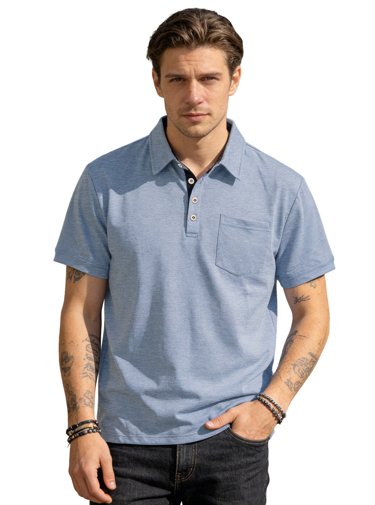 Herren nan Kurzarm-Polokragen-Shirt aus texturiertem Jersey mit Brusttasche und kontrastierter Knopfleiste