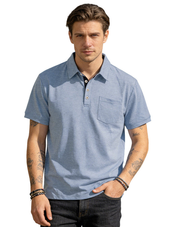 Herren nan Kurzarm-Polokragen-Shirt aus texturiertem Jersey mit Brusttasche und kontrastierter Knopfleiste