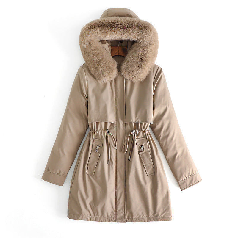 Damen nan mittellanger wasserabweisender Parka mit voluminösem Kunstfellkragen, Taillenzug und multifunktionalen Pattentaschen Shop Nory