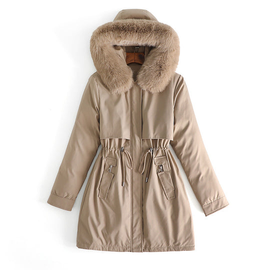 Damen nan mittellanger wasserabweisender Parka mit voluminösem Kunstfellkragen, Taillenzug und multifunktionalen Pattentaschen Shop Nory