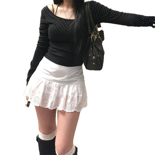 Damen nan geripptes Crop-Longsleeve mit feinem Pünktchenmuster und U-Ausschnitt Shop Nory