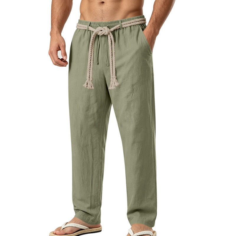 Herren lässige Leinen-Loungehose mit elastischem Bund, dekorativem Seilgürtel und Seitentaschen Shop Nory