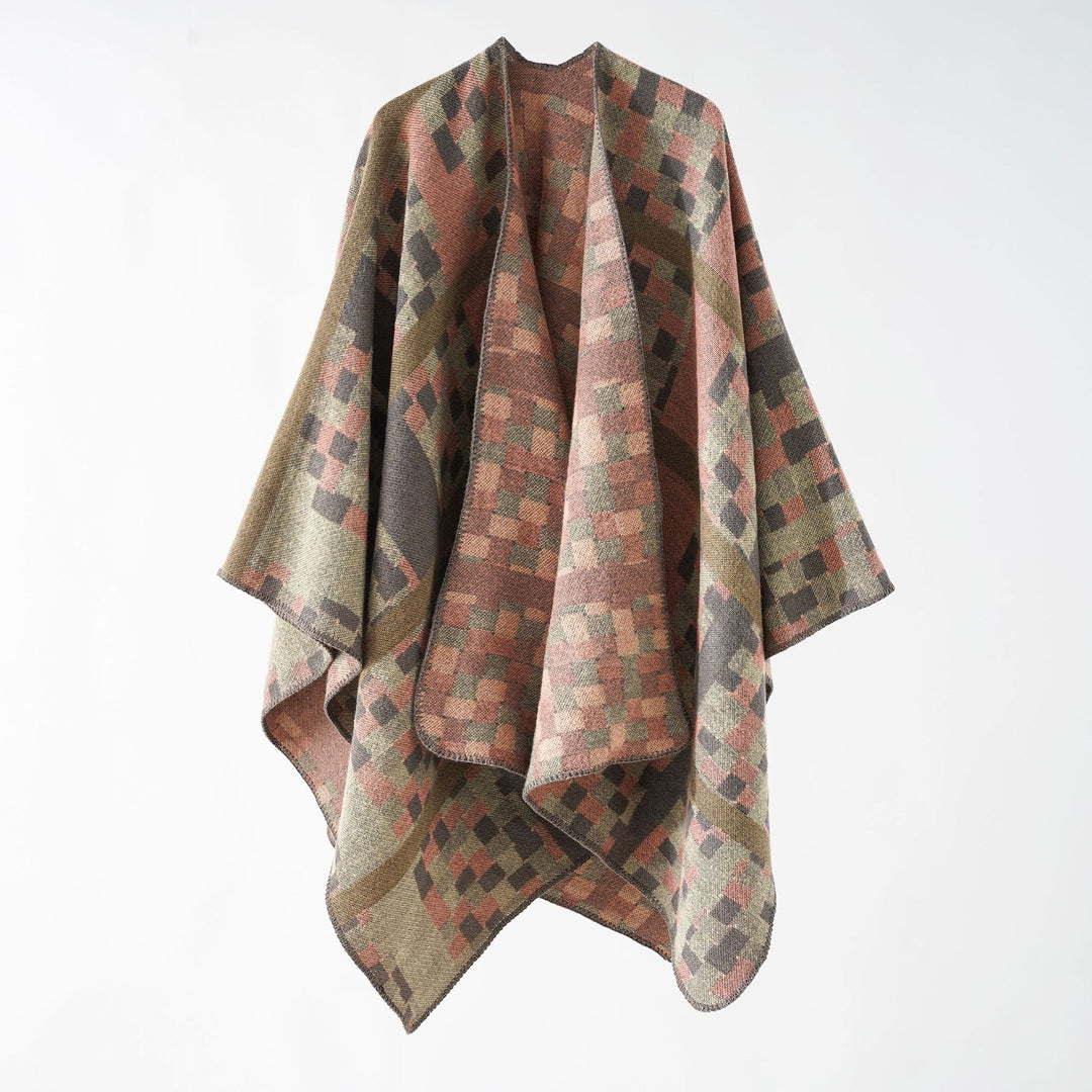 Damen Kastiger Webponcho mit grafischem Jacquard und Kettelkante Shop Nory