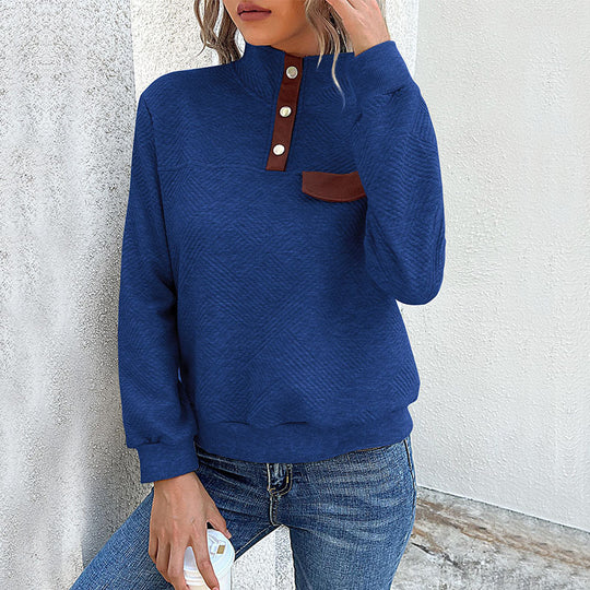 Damen Strukturierter Sweatpullover mit Stehkragen, Druckknopfleiste und Brustklappe Shop Nory