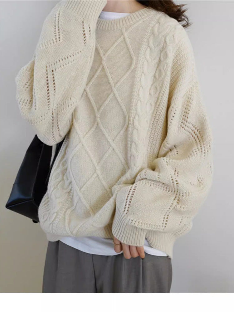 Damen Oversize Zopfmuster-Strickpullover mit Ajour‑Details und geripptem Saum Shop Nory