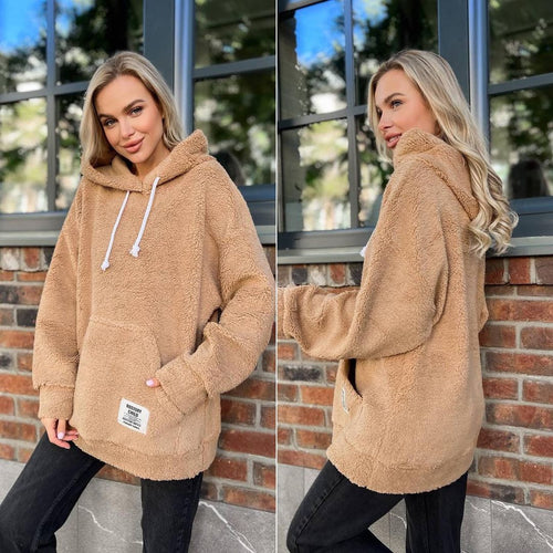 Damen Kuscheliger Teddy-Hoodie mit Kapuze, Kängurutasche und Oversize-Schnitt Shop Nory