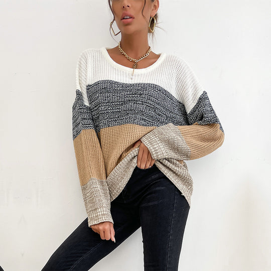 Damen Oversize Farbblock Strickpullover mit Rundhalsausschnitt und Rippbündchen Shop Nory