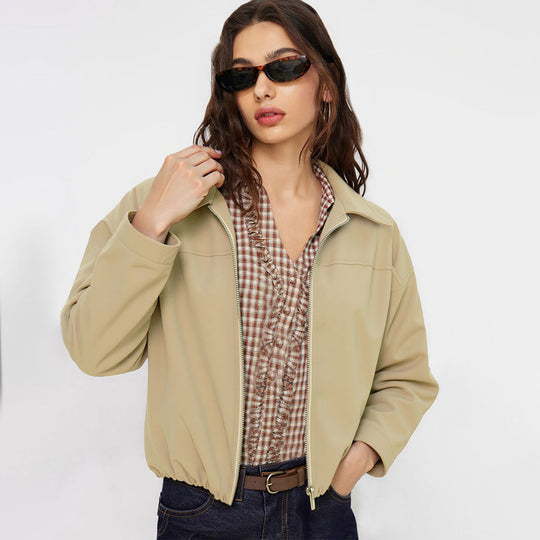 Damen kurze Oversize-Bomberjacke mit Reißverschluss, leichtem Kragen und elastischem Saum Shop Nory