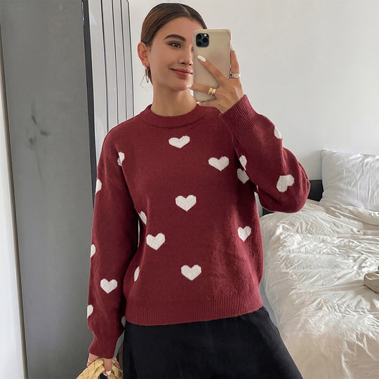 Damen Grobstrick-Pullover mit Herzintarsien und klassischem Rundhalsausschnitt Shop Nory