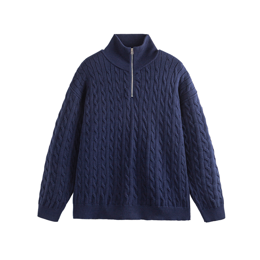 Unisex Grobgestrickter Zopfmuster-Pullover mit Halbzip und hohem Rippkragen Shop Nory