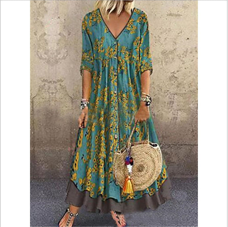 Damen Maxikleid im Boho‑Stil mit V‑Ausschnitt, durchgehender Knopfleiste und Stufenrock Shop Nory