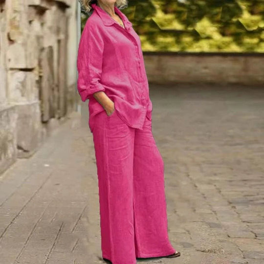 Damen Leichtes Leinen-Loungewear-Set mit Oversized-Hemd und weiter Palazzo-Hose Shop Nory