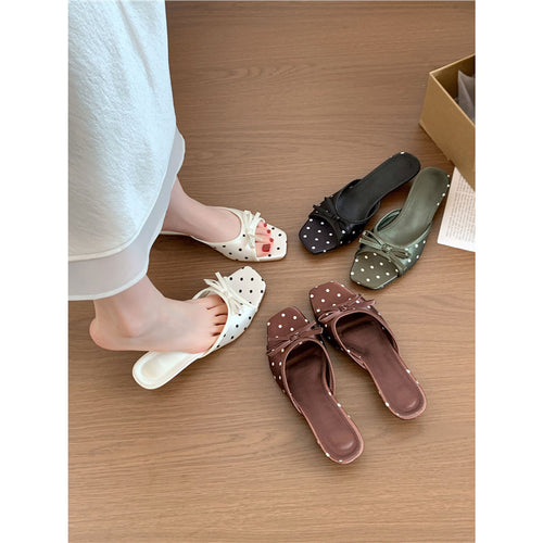 Damen Quadratische Slip-On Mules mit Punktmuster, feiner Zierschleife und Komfortfußbett Shop Nory