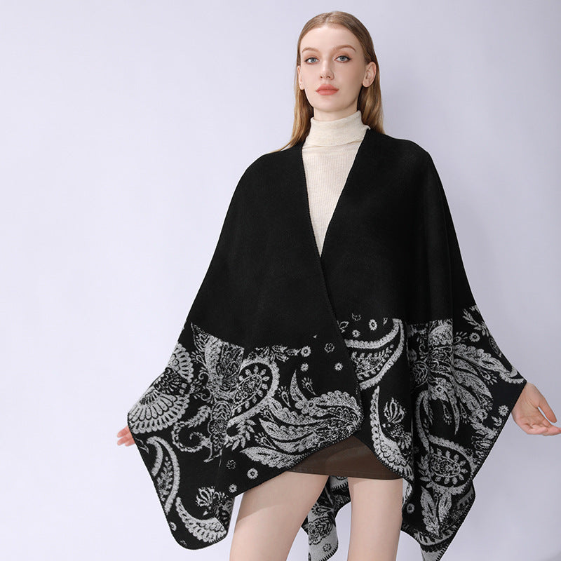Damen Reversibler Jacquard-Capeponcho aus Wollmix mit Paisley-Motiv und offenem Fall Shop Nory