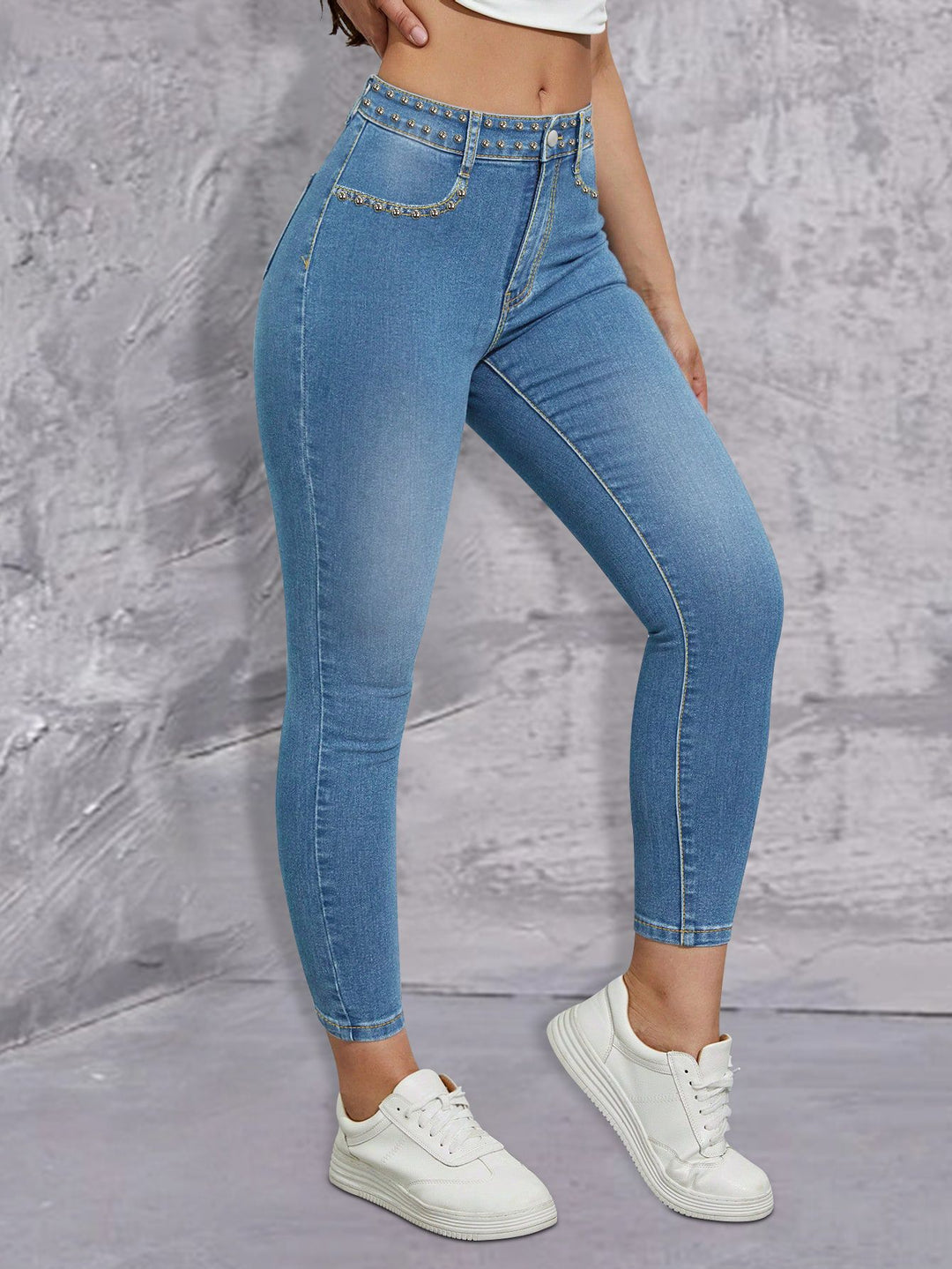 Damen Hochtaillierte Skinny-Jeans mit Strassbesatz und knöchellangem Schnitt Shop Nory