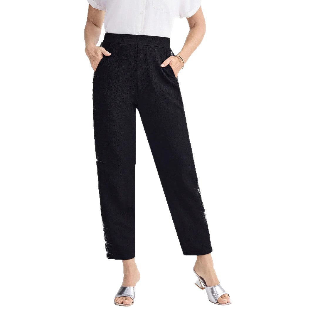 Damen Elegante gerade geschnittene Stoffhose mit elastischem Bund und seitlichem Glitzerbesatz Shop Nory