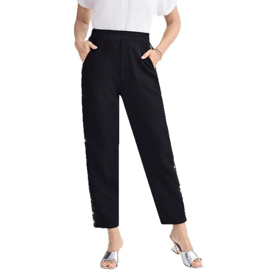 Damen Elegante gerade geschnittene Stoffhose mit elastischem Bund und seitlichem Glitzerbesatz Shop Nory