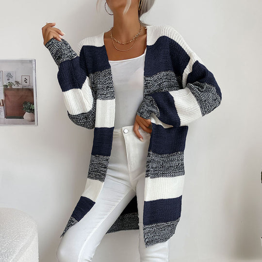 Damen Langer Oversize-Strickcardigan mit Blockstreifen und offener Front Shop Nory