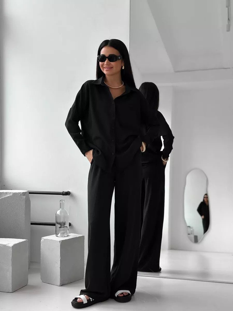 Damen Zweiteiliges Lounge-Set Oversize-Bluse mit Brusttasche und weiter Palazzo-Hose Shop Nory