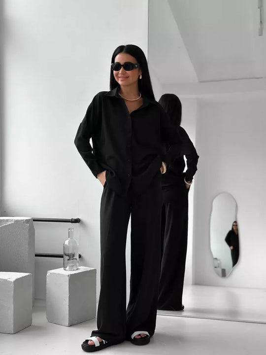 Damen Zweiteiliges Lounge-Set Oversize-Bluse mit Brusttasche und weiter Palazzo-Hose Shop Nory