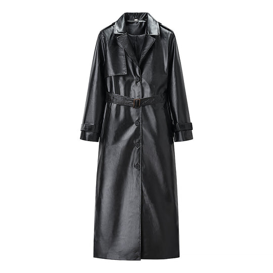 Damen Langer Kunstleder-Trenchcoat mit Taillengürtel und Epauletten Shop Nory