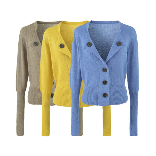 Damen Cropped-Taillierte Strickjacke mit Schalkragen und großen Zierknöpfen Shop Nory
